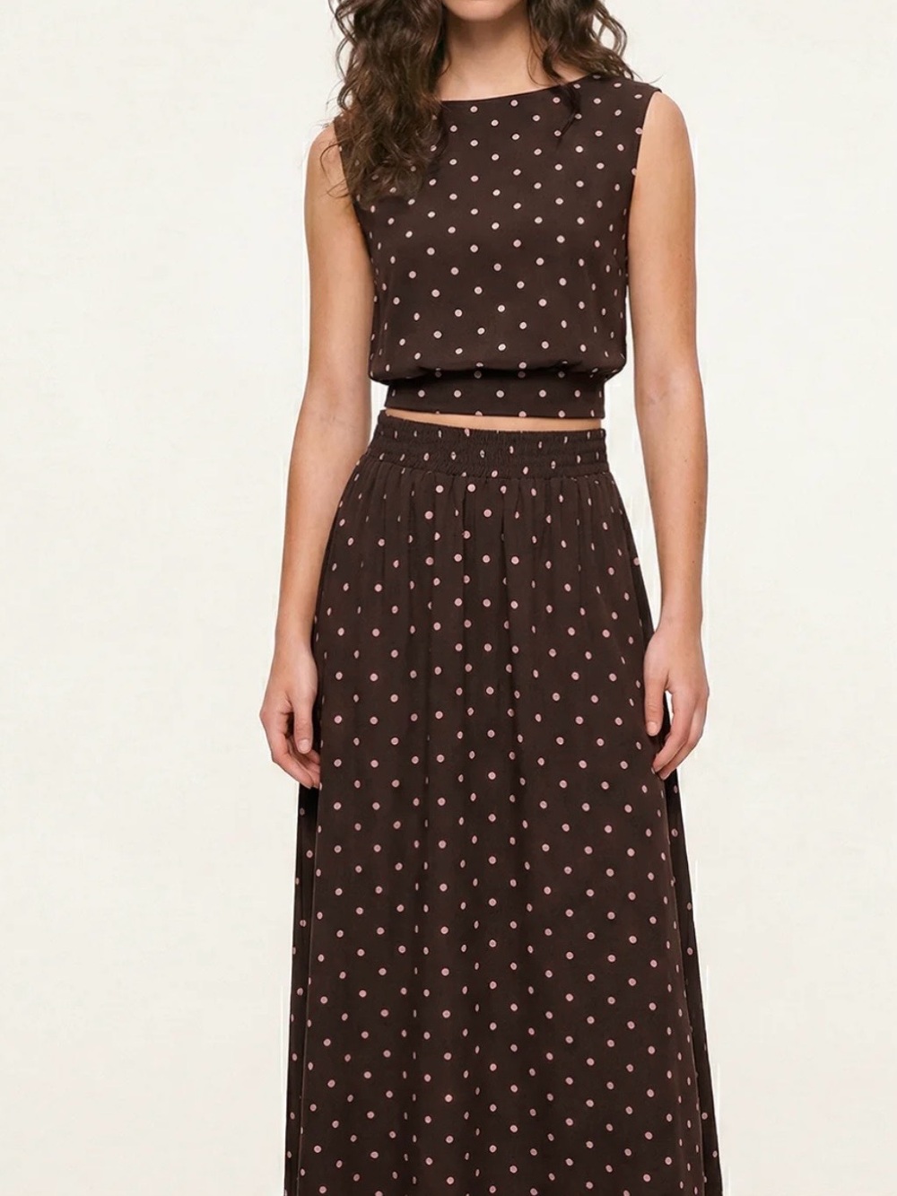 Commense Brown Polka Dot Midi Skirt with Pink Dots